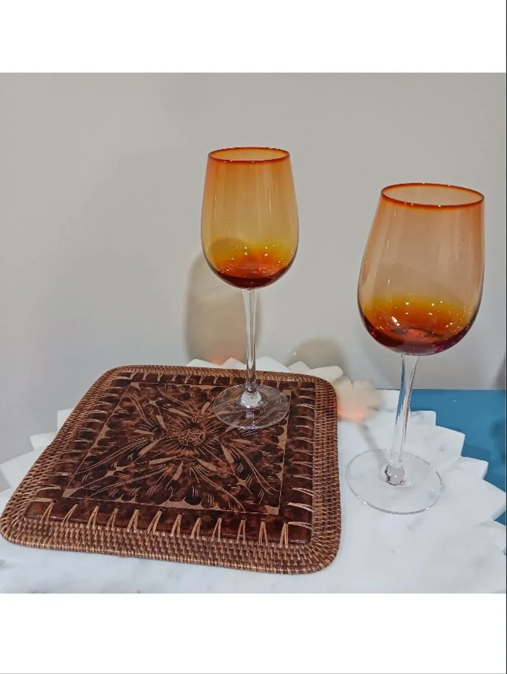 Pier 1 Imports LOT Amberina Ombre Wine Glasses & Terra Cotta Rattan Trivet Retro